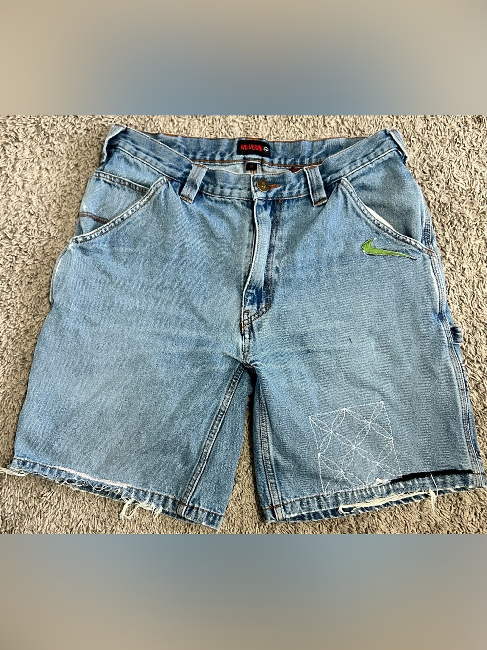 Custom Light Wash Denim Shorts with Green Accent